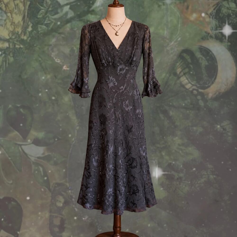 Bias Cut Silk Rayon Beaded Maxi Dress Whimsigoth Romantic Goth Size 6